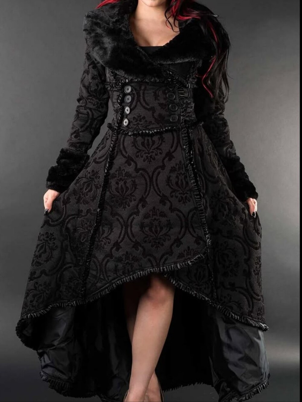 Dracula Clothing Black Evil Queen fall brocade faux-fur coat M but fits (XS/S)